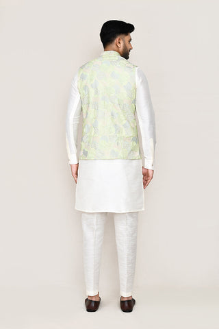 White Kurta with Straight Fit Pant And Jacket