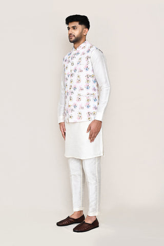 White Kurta with Straight Fit Pant And Jacket