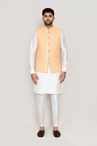 White Kurta with Straight Fit Pant And Jacket