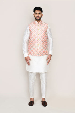 White Kurta with Straight Fit Pant And Jacket