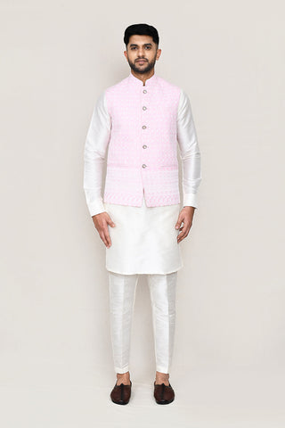 White Kurta with Straight Fit Pant And Jacket