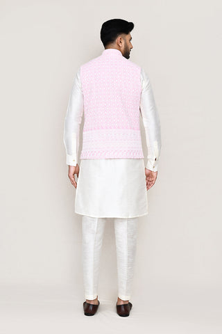 White Kurta with Straight Fit Pant And Jacket