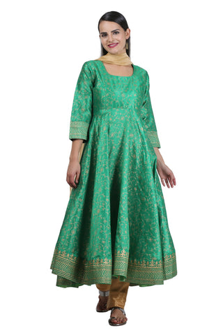 Green Silk Anarkali With Block Print