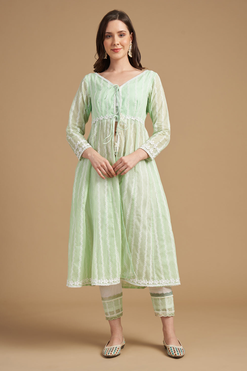 Ivory Thread Embroidered Anarkali Tunic With Pant