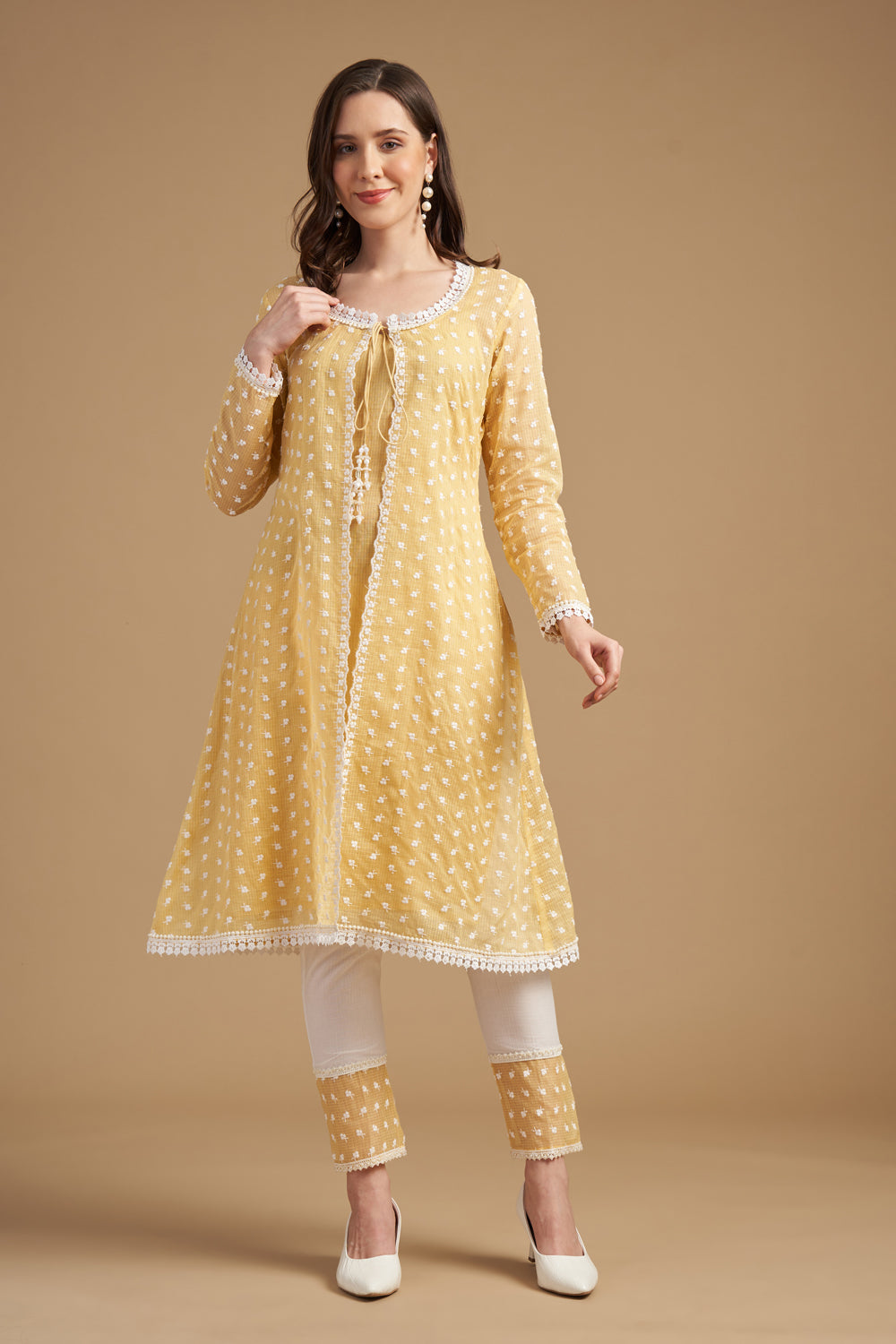 Ivory Thread Embroidered Yellow Anarkali Tunic With Pant