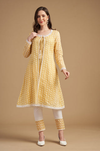 Ivory Thread Embroidered Yellow Anarkali Tunic With Pant