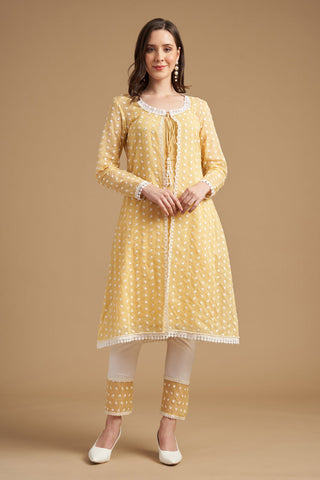 Ivory Thread Embroidered Yellow Anarkali Tunic With Pant