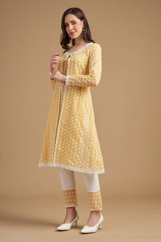 Ivory Thread Embroidered Yellow Anarkali Tunic With Pant