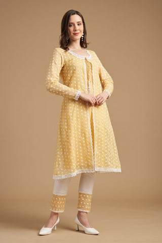 Ivory Thread Embroidered Yellow Anarkali Tunic With Pant