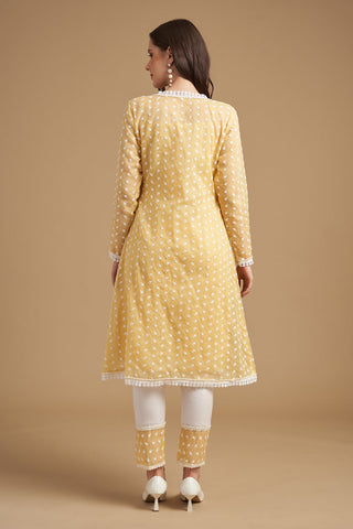 Ivory Thread Embroidered Yellow Anarkali Tunic With Pant