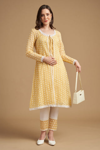 Ivory Thread Embroidered Yellow Anarkali Tunic With Pant