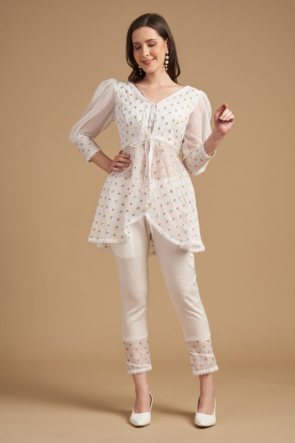 Embroidered Tunic With Pant In Ivory Thread