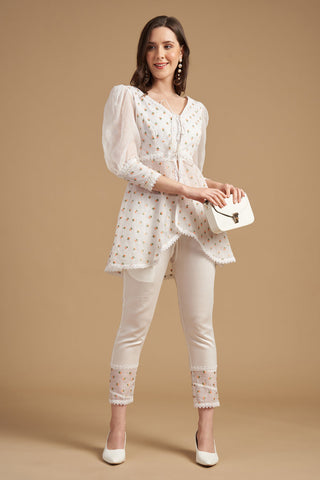 Embroidered Tunic With Pant In Ivory Thread