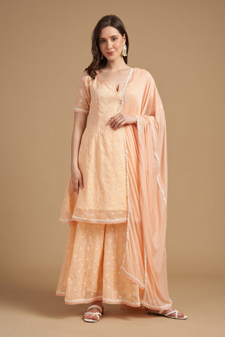 Ivory Thread Embroidered A Shape Short Kameez With Palazzo