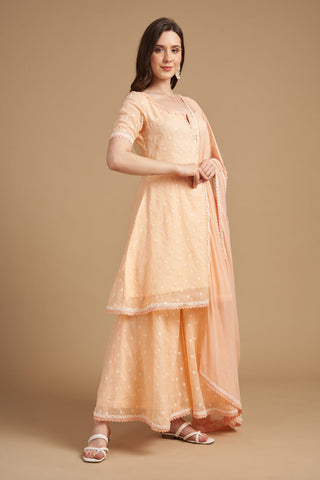 Ivory Thread Embroidered A Shape Short Kameez With Palazzo