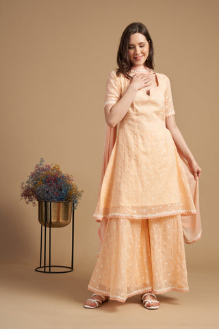 Ivory Thread Embroidered A Shape Short Kameez With Palazzo