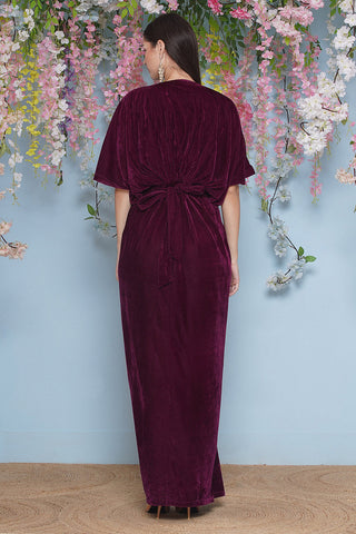Wine Hand Embellished Velvet Gown With Belt
