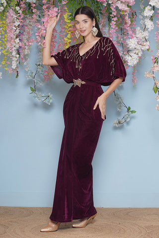 Wine Hand Embellished Velvet Gown With Belt