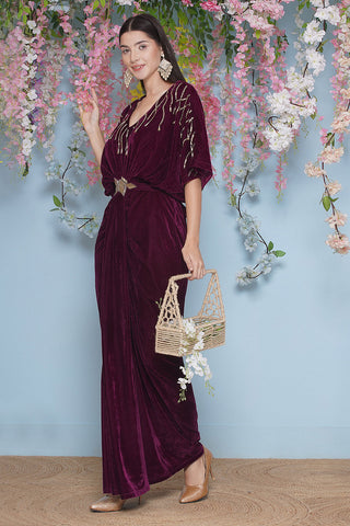 Wine Hand Embellished Velvet Gown With Belt