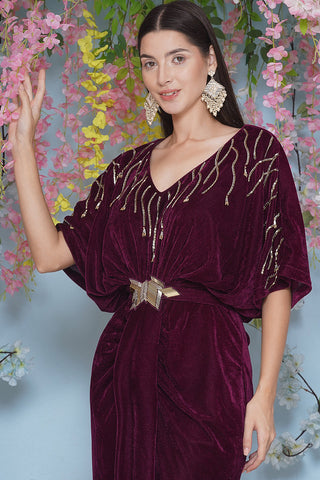 Wine Hand Embellished Velvet Gown With Belt
