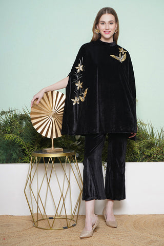 Black Hand Embellished Cape Style Kurta with Bellbottom Pants