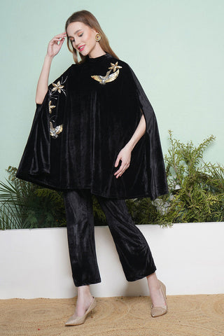 Black Hand Embellished Cape Style Kurta with Bellbottom Pants