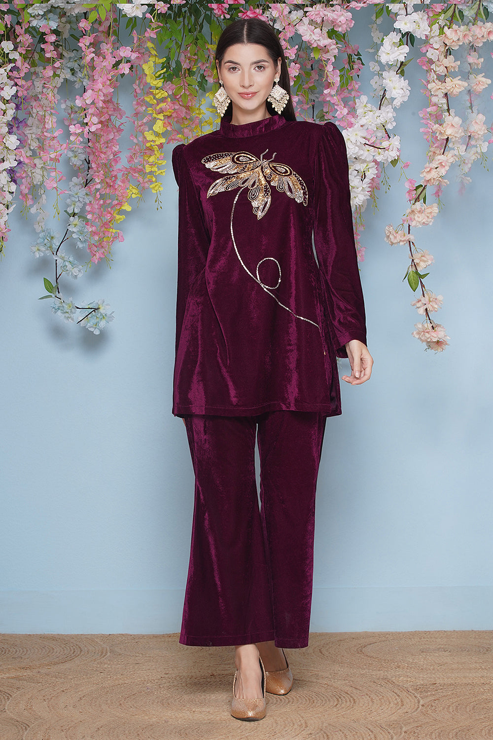 Wine Velvet Hand Embellished Coor Set