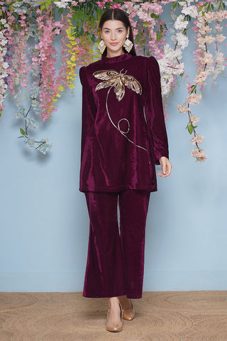 Wine Velvet Hand Embellished Coor Set