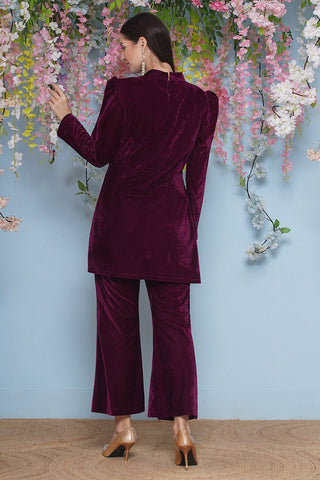 Wine Velvet Hand Embellished Coor Set