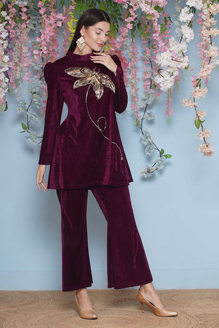 Wine Velvet Hand Embellished Coor Set