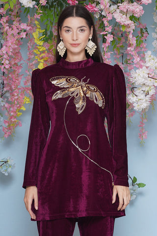 Wine Velvet Hand Embellished Coor Set