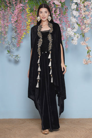 Black Hand Embellished Cape with Inner and Skirt
