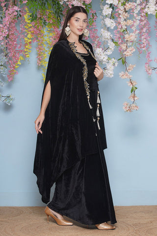 Black Hand Embellished Cape with Inner and Skirt