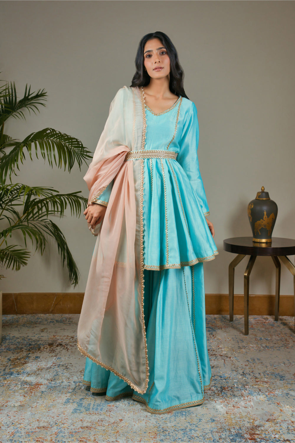 Ice Blue  Peplum Anarkali Paired With Sharara And Dusty Pink Dupatta