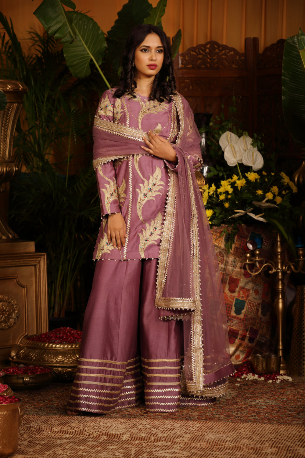 Purple Chanderi Silk Kurti  Paired With Gotta Sharar And Tulle Dupatta