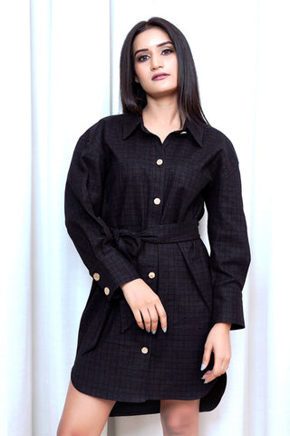 Charcoal Cuff Sleeves Mini Shirt Dress