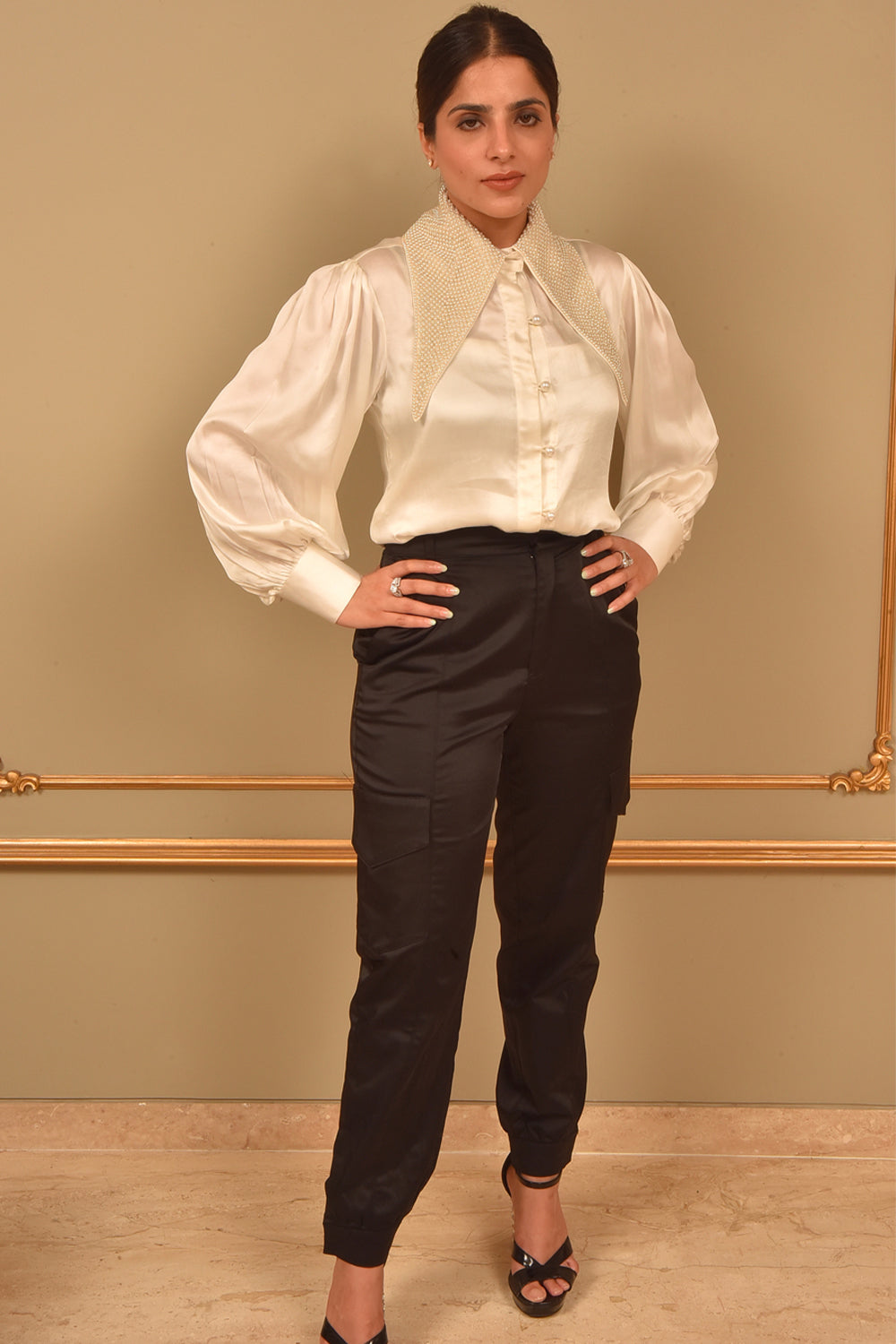 Pearl Satin Beaded Collar Shirt