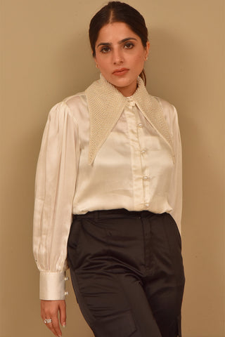 Pearl Satin Beaded Collar Shirt