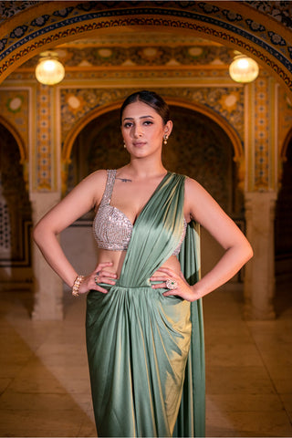 Fern Green Satin Silk Drape Saree