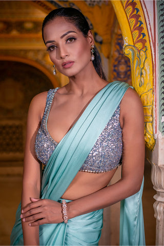 Ice Blue Satin Silk Drape Saree