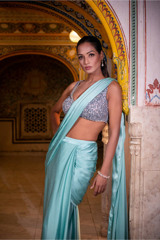 Ice Blue Satin Silk Drape Saree