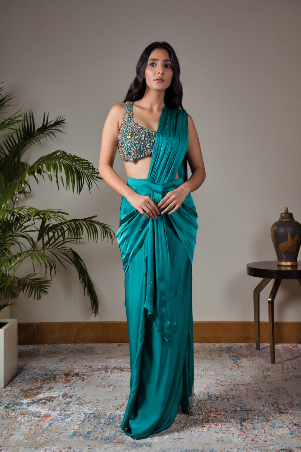 Turquoise Blue Satin Silk Drape Saree