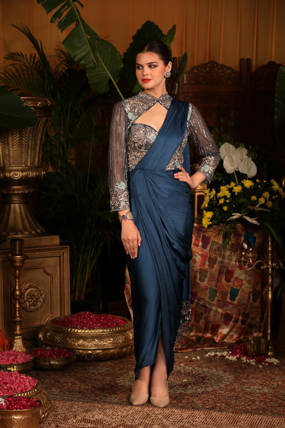 Blue Drapee Satin Saree