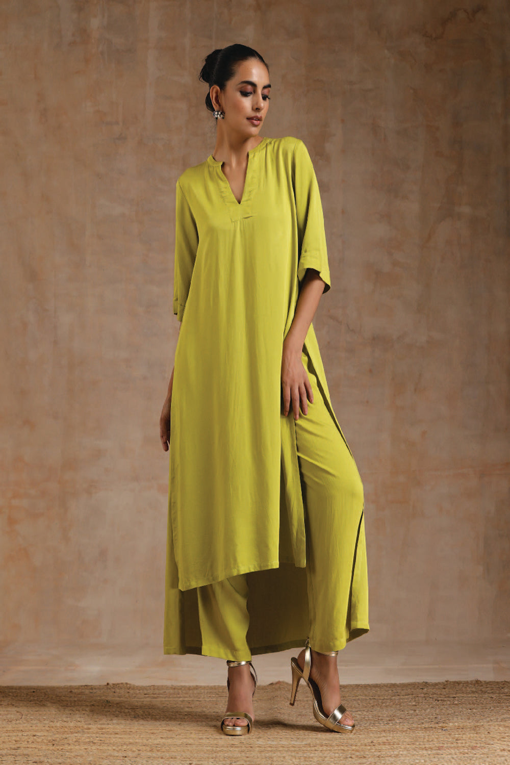 Lime Modal Satin High-Low Relax Kurta Set