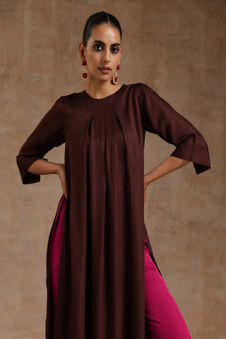 Cola Brown Modal Satin Neck Pleat Kurta Set