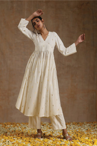 Ivory Gold Cotton Kalidar Kurta Set