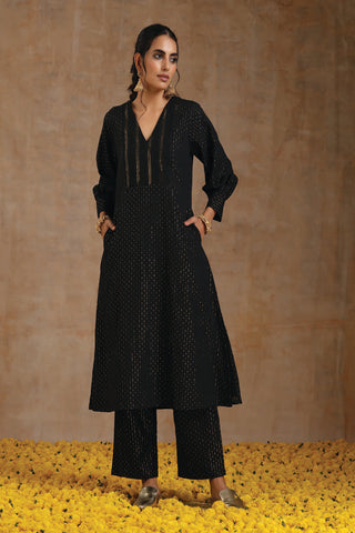 Black Gold Cotton Overlap Yoke Kurta Set