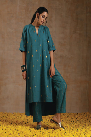Deep Sea Gold Cotton Relax High-Low Kurta Set