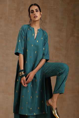 Deep Sea Gold Cotton Relax High-Low Kurta Set