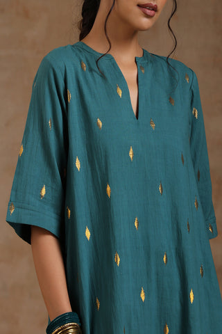 Deep Sea Gold Cotton Relax High-Low Kurta Set